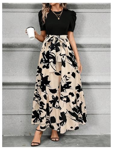 Women's Floral Print Color Block Maxi Dress Puff Sleeve Belted A Line Dresses