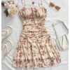 Women's Plus Size Boho Floral Cami Dress Ruched Spaghetti Strap A Line Short Dresses