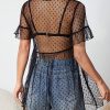 Women's Polka Dots Sheer Mesh Mini Dress Short Sleeve Ruffle Hem Flared Dresses