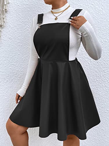 Women's Plus Size PU Leather Overalls Sleeveless Flare Hem Solid Pinafore Dress