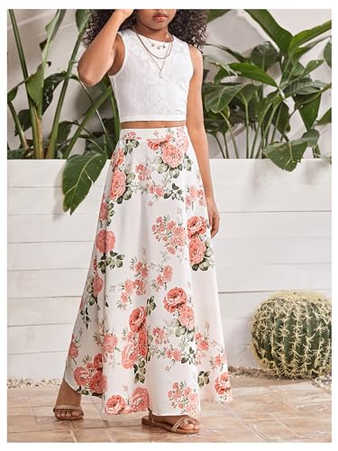 Girl's 2 Piece Outfits Lace Sleeveless Tank Top and Floral Print A Line Skirt Set