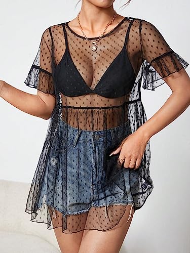 Women's Polka Dots Sheer Mesh Mini Dress Short Sleeve Ruffle Hem Flared Dresses