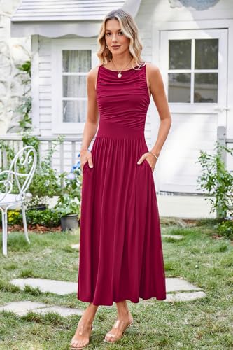 51wPvJOdAL.jpg Women 2025 Summer Maxi Dresses Vacation Ruched Boat Neck Tank Flowy Elegant Party Long Formal Dress Pockets