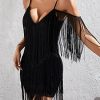 Women's Fringe Trim Cold Shoulder Short Sleeve Bodycon Party Flapper Mini Dress