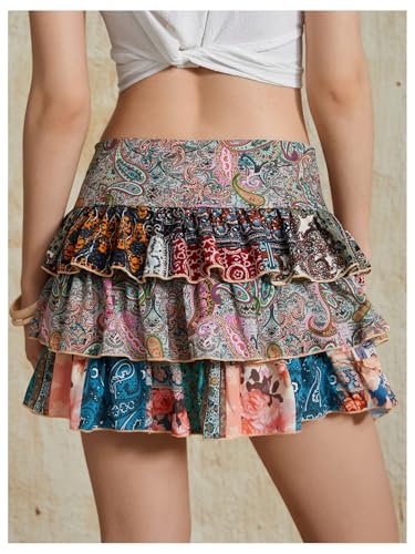 Women's Paisley Print Tiered Layers Mini Cake Skirt Low Rise Vacation Bohemian Skirt