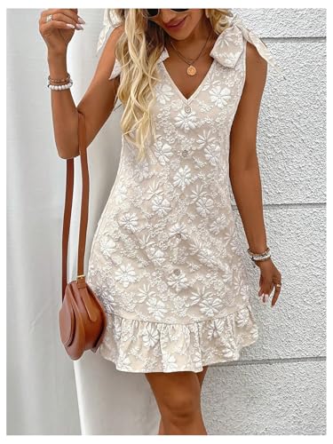 Women's Floral Textured Bow Tie Shoulder Short Dress Ruffle Sleeveless V Neck Tank Dresses
