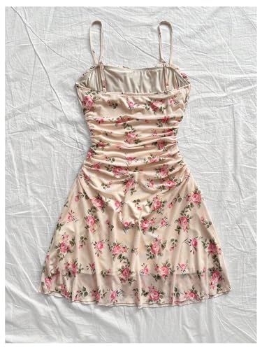 Women's Plus Size Boho Floral Cami Dress Ruched Spaghetti Strap A Line Short Dresses