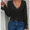 Women's Swiss Dots Lace Trim Blouse V Neck Long Sleeve Top