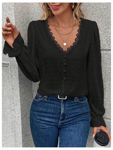 Women's Swiss Dots Lace Trim Blouse V Neck Long Sleeve Top